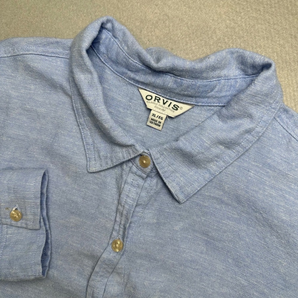 Orvis Button Down Shirt Women XL Light Blue Linen Blend Long Sleeve Classic